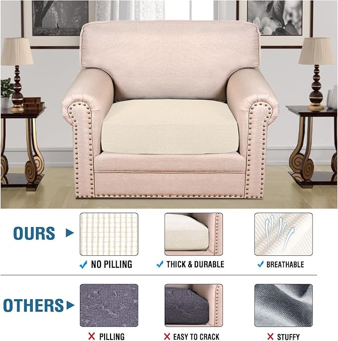 H.VERSAILTEX Super Stretch Individual Seat Cushion Covers Sofa Covers Couch Cushion Covers Slipcover Sets Thick Jacquard Textured Twill Fabric (1 Piece Chair Cushion Cover, Natural)