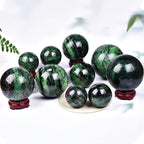 JIC Gem Natural Ruby Zoisite Quartz Crystal Sphere Balls with Wood Stand Red&Green Treasure Gemstone Decorative Orbs Reiki Energy Healing Crystal Ball (60-70mm)
