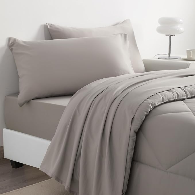 NTBAY Twin Comforter Set with Sheets, 5 Pieces Soft and Breathable Twin Bedding Set, Twin Bed in a Bag, Down Alternative Comforter Set Solid Color All Season, Kids Bedding Set, Smoke Grey