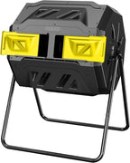 Compost Bin, 43-Gal Dual Chamber Composter Tumbler, Black Yellow | Steel Frame with 2 Sliding Door and Aeration System, 360° Rotating, Tumbling Composting Bin for Kitchen, Garden, Yard