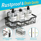 Fammart Adhesive Shower Caddy, 5-Pack Rustproof Stainless Steel Bathroom Organizer with 28 Hooks, No-Drill Large Capacity Shower Shelves for Bathroom Storage & Home Décor, Black