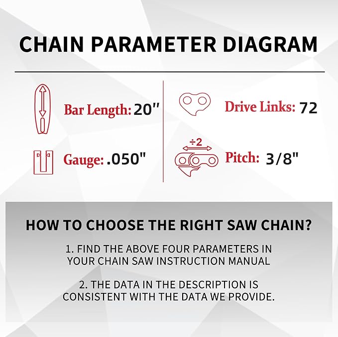 E & S 3 Pack 20 Inch Chainsaw Chain 3/8" Pitch .050" Gauge 72 Drive Links Semi-Chisel Chain Saw Chains for Husqvarna, Poulan, Craftsman, Greenworks and More Chainsaw Brands