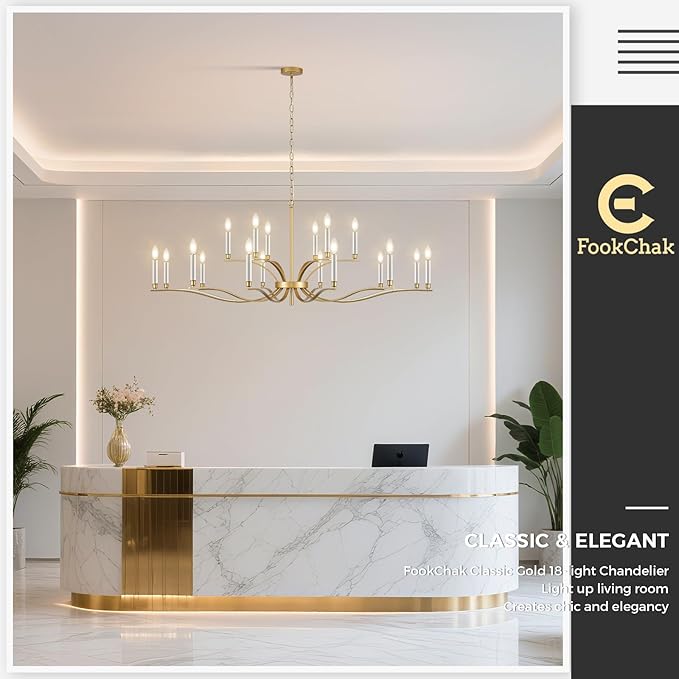 18 Light Gold Living Room Chandelier High Ceiling Foyer Candle Chandelier Large Modern Brass 59in Metal Chandeliers Hanging Light for Master Bedroom Dining Room Light Fixture Over Table