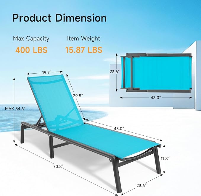 Aluminum Chaise Lounge Chair Outdoor, Foldable & Assembly Free Outdoor Lounge Chair with 5 Position Adjustable Backrest, Patio Pool Lounge Chairs for Outside Poolside Beach Lawn, 1PC, Lake Blue
