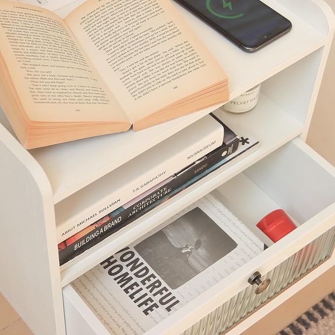 AWASEN White Nightstand with Charging Station, Modern Bedside Table with Glass Decorative Drawer, Small End Side Table with 2 Tiers Storage Space, for Bedroom, Office and Small Space(White)