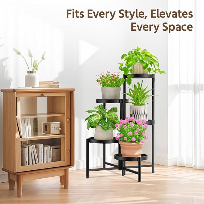 LASZOLA 5 Tiered Folding Plant Stand Indoor for Multiple Large Planter, Tall Heavy Duty Adjustable Rack with Rust Proof 10 Inch Wide Tray, Sturdy Vertical Tree Organizer for Narrow Inside Floor, Black