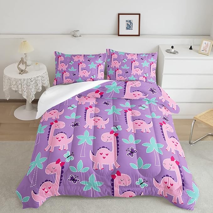 Axolotl Cute Dinosaur Comforter Set Twin Size,Girls Bedding Cartoon Dinosaur Bedding Set for Girls Teens Kids Boys Adults Room Decor,Kids Comforter Set All Season,1 Quilt 2 Pillow Cases,Purple
