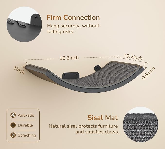 Wall Mounted Curved Cat Hammock with Grey Sisal Pad – Scratch-Friendly Cat Nest Perch for Wall – Large Floating Bed for Indoor Cats