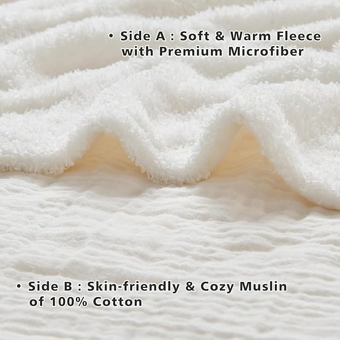 EMME Muslin and Fleece Twin Blanket Reversible - 60"*80" Cream Soft Warm Throw Blankets for Couch Bed Picnic Travel Bed