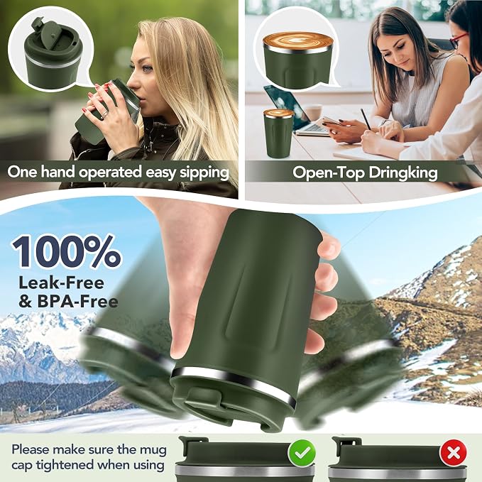 Volhoply 12 oz Double Wall Insulated Vacuum Travel Coffee Mug with Flip Lid,Reusable Stainless Steel Leak Proof Coffee Cup,Portable Cafe Thermal Tumbler Suitable for Hot&Cold Drinks(Army Green,1 Set)