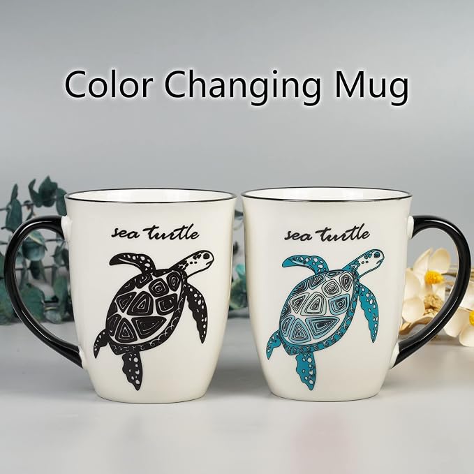 Sea Turtle Heat Changing Coffee Mug - Color Changing Mug - Ceramic Coffee Mug for Men Women Black and White