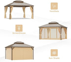 10'x14' Hardtop Gazebo, Outdoor Aluminum Patio Gazebo Double Roof Galvanized Steel Canopy with Netting and Curtains,for Garden, Patio, Backyard, Deck and Lawns.