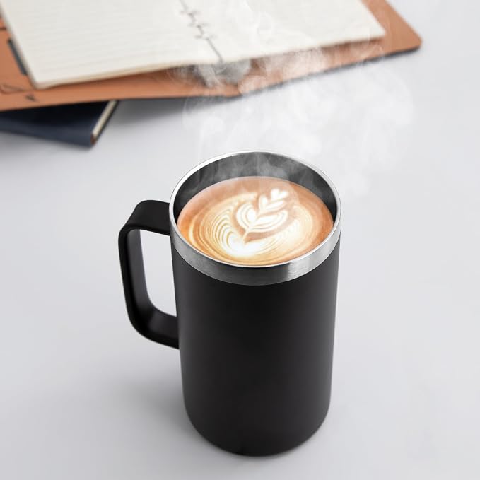 DOMICARE 24oz Mug with Handle and Lid, Stainless Steel Coffee Mug, Reusable Insulated Cup, Travel Mug with Handle, Double Wall Vacuum Coffee Tumbler for Men and Women, Black, Pack 1