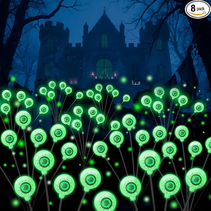 VOTTGO Halloween Solar Lights Outdoor, 2 Pack 12LED Scary Solar Eyeball Pathway Lights, 2 Modes Waterproof Swaying Firefly Light for Garden Yard Pathway Halloween Decorations, Green
