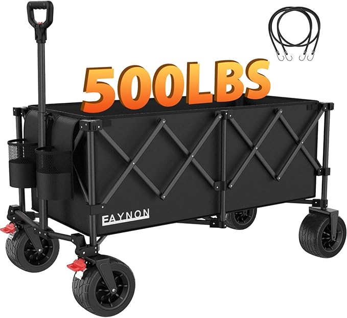 42" L Collapsible Foldable Wagon, 500LB Weight Capacity with 220L Heavy Duty Folding Cart,Utility Wagon with Big All-Terrain Beach Wheel, Drink Holders and 2 Bungee Cords,Black