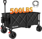 42" L Collapsible Foldable Wagon, 500LB Weight Capacity with 220L Heavy Duty Folding Cart,Utility Wagon with Big All-Terrain Beach Wheel, Drink Holders and 2 Bungee Cords,Black