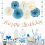 Dusty-Blue White Birthday Party-Decorations Paper-Flowers - 14pcs Happy Banner Boy Lanterns Tissue Pom Poms,Men Streamers Garland Fans Honeycomb,Baby Teen Male Kids Hanging Supplies Decor Hugfond
