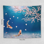 Japanese Koi Fish Tapestry, Cherry Blossoms Asian Oriental Blue Floral Branch Koi Fish Carp Tapestries Wall Hanging for Bedroom Living Room Office Decor 60"x50"