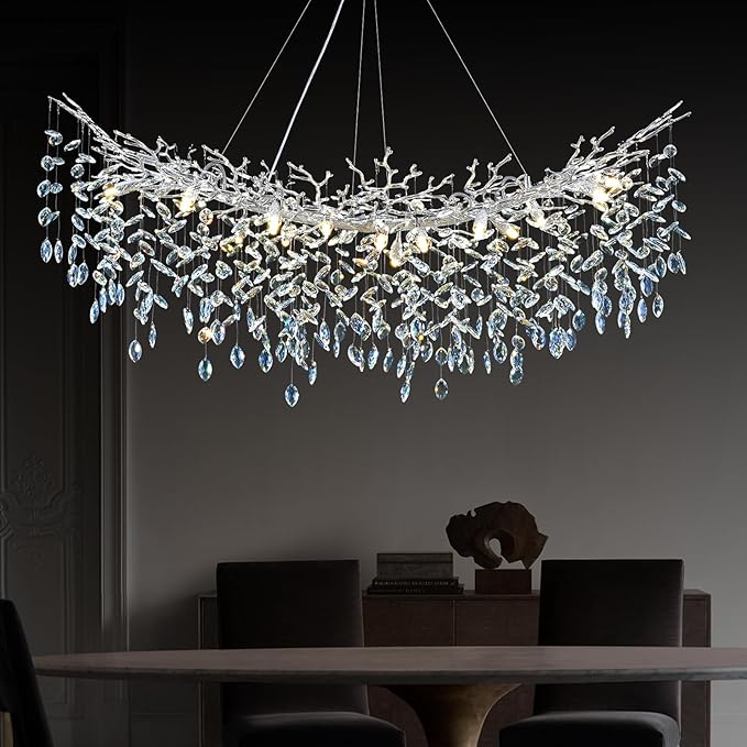 Modern Crystal Silver Chandelier, 55" Large Rectangular Oval Tree Branch Crystal Chandeliers for Dining Room,16-Light Flush Mount K9 Crystal Chandeliers, for Kitchen Island,Dining Room