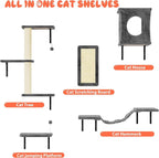 10 Pcs Cat Wall Shelves Set, Wall-Mounted Climber with Cat House, Scratching Post, Bridge, Hammock, Space-Saving Play Furniture, Grey