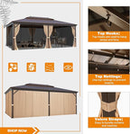 MELLCOM 14'x20' Hardtop Gazebo, Galvanized Steel Metal Double Roof Aluminum Gazebos with Curtain and Netting, Brown Permanent Pavilion Gazebo with Aluminum Frame for Patios, Gardens, Lawn