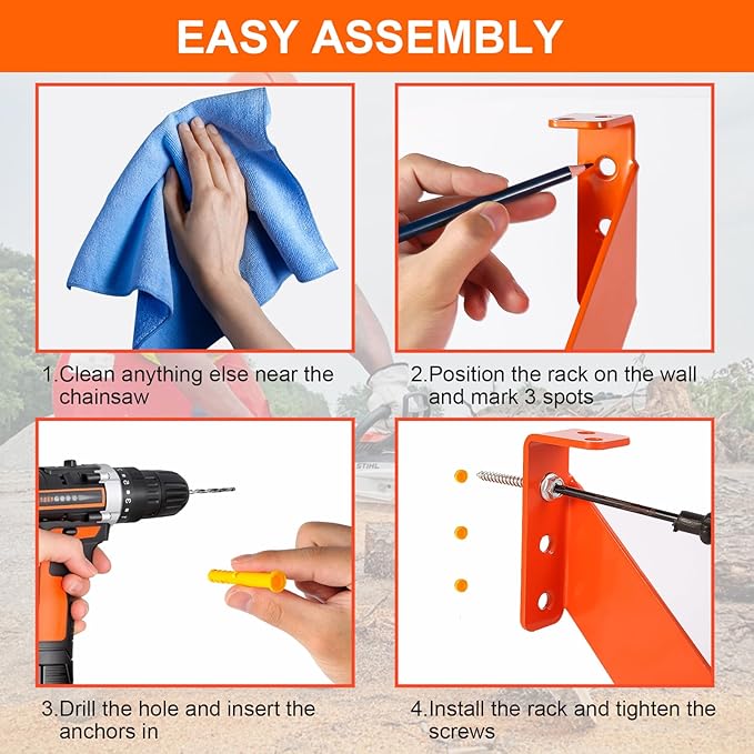 3 in 1 Chainsaw Holder 10" - Heavy Duty Chainsaw Wall Mount, 10 Gauge Steel Chain Saw Hanger for Garage Organization, Hefty Rack Storage Organizer for Chainsaw Accessories and Tools, 180 Lbs Capacity