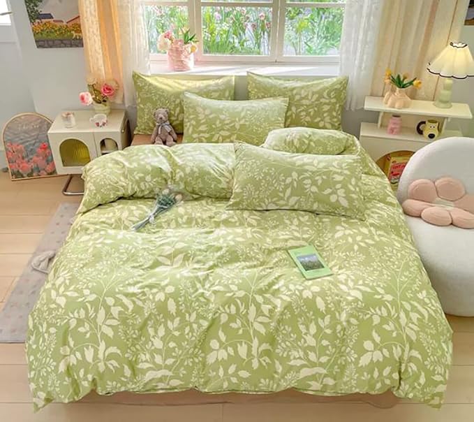Green Botanical Comforter Set Twin Sage Green Floral Comforter Cotton Women Girls Matcha Green Floral Plant Quilts Garden Bohemian Sage Green Blanket Rustic Leaf Blossom Twin Bed Comforter