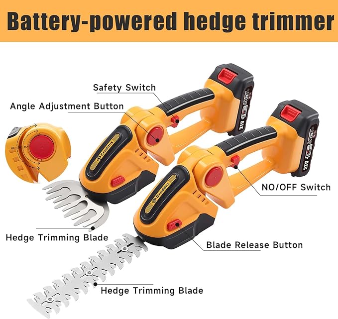 Cordless Hedge Trimmer, 2-in-1 Handheld Electric Hedge Trimmer/Grass Shears for Garden,Yard and Lawns, Shrub Trimmer with 2 PCS Rechargeable Battery&Charger (Yellow)