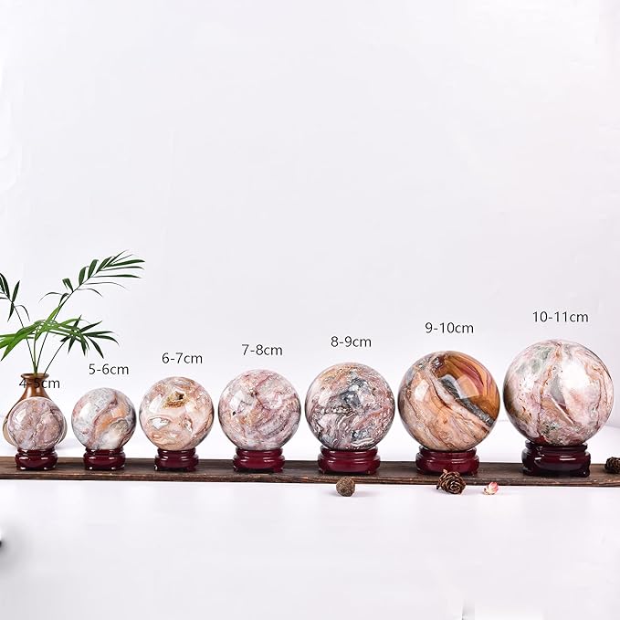 JIC Gem Striped Agate Crystal Ball with Wooden Stand Healing Crystal Sphere Ball for Feng Shui Decor Spiritual Gifts 60-70mm