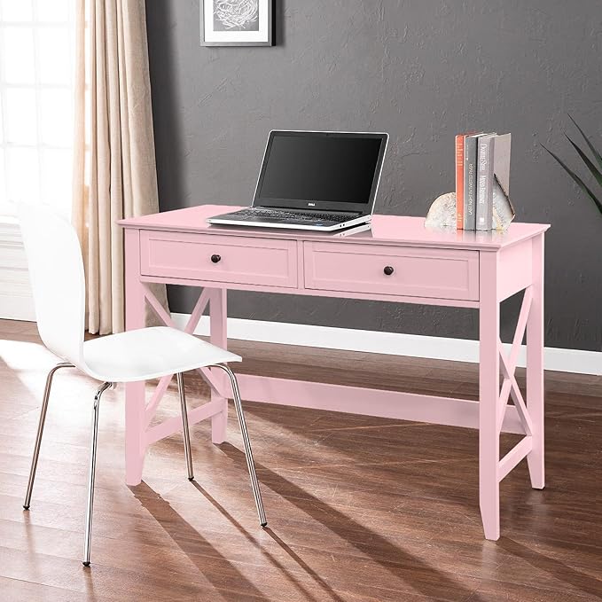 Writing Computer Desk with Drawers, Cute Modern Table for Bedrooms, Pink Vanity Table Office Desk with Drawers, Home Computer Desk for Girls Living Room Entryway, Pink