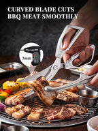 Korean BBQ Scissors Set with Tongs for Table-Side Meat Cutting & Sharing | Curved stainless steel scissors with a serrated inner edge and matching tongs for cooked meat; dishwasher safe