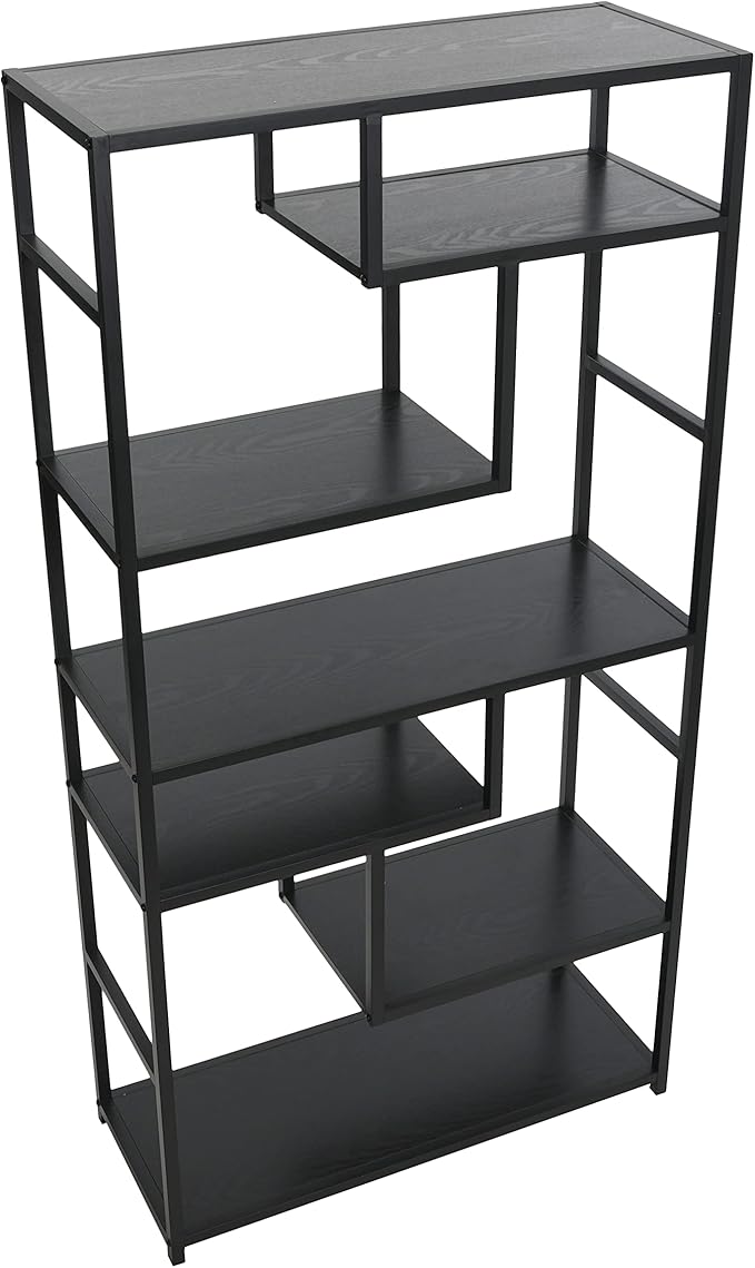 Household Essentials Black Oak Geometric Tall Open Book Shelf | Mid Century Modern Shelves