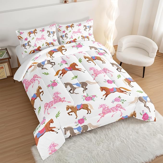 HOSIMA Kawaii Pink Rose Horse Queen Comforter Set,Cute Animal Horse Bedding Girls Teens Aesthetic Room Decor,Princess Toddler Bedding Set Cowboy Cowgirl Colorful Pony Queen Size Bed in a Bag.