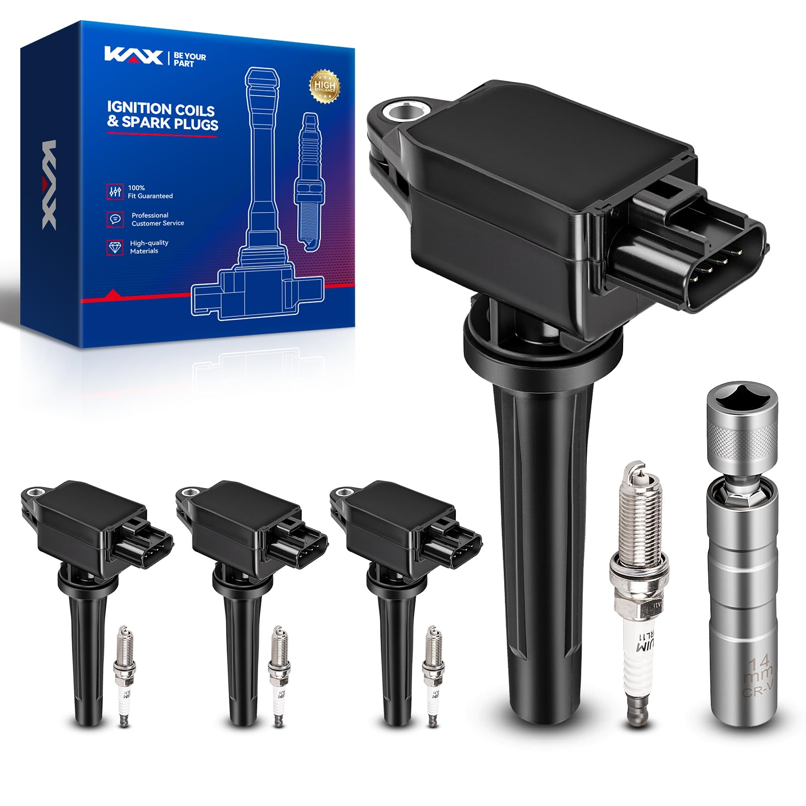 KAX Set of 4 UF656 Ignition Coil Pack & Iridium Spark Plugs w/Magnetic Socket for Mazda 3 2012-2013 2014-2020 2.0L, MZD 6 2014-2