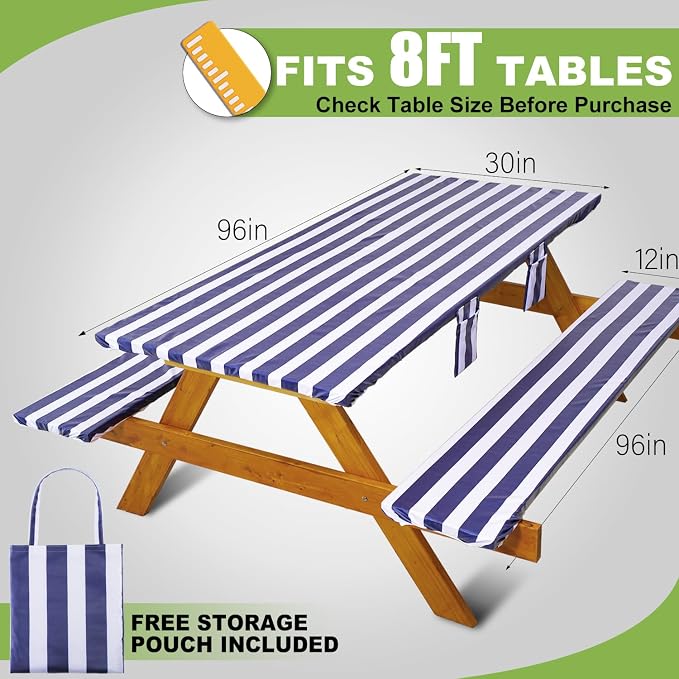 Fitted Picnic Table Cover with Bench Covers Waterproof Elastic Edges Rectangle Patio Tablecloth Outdoor Camping Essentials Stuff Rv Accessories Summer Trip Travel Supplies Party Camper Gifts, 8 ft