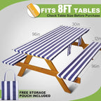 Fitted Picnic Table Cover with Bench Covers Waterproof Elastic Edges Rectangle Patio Tablecloth Outdoor Camping Essentials Stuff Rv Accessories Summer Trip Travel Supplies Party Camper Gifts, 8 ft