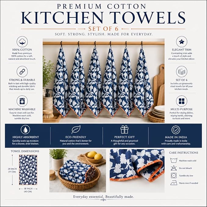 Printed Kitchen Dish Bar and Tea Towels Cotton, 18x28 inch with Trims, Cotton Dish Towel Sets (Allover Blue, Set of 6)