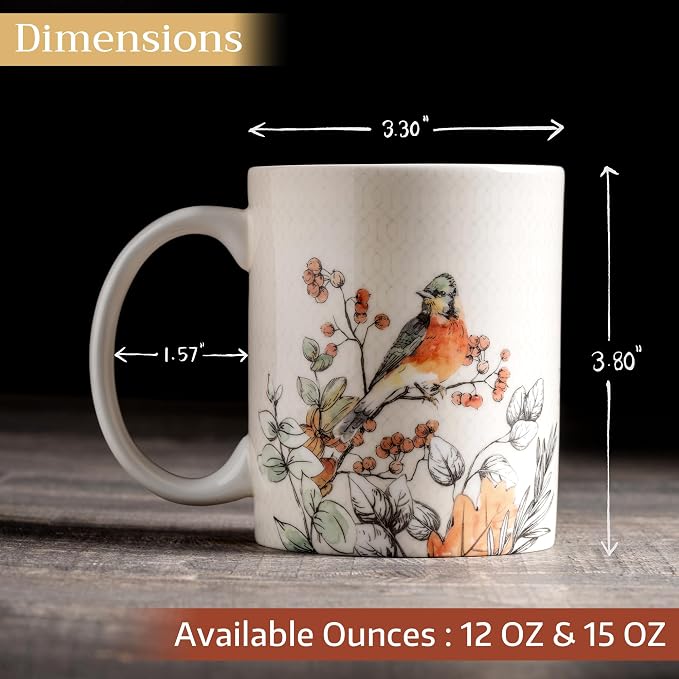 Maison d' Hermine Coffee Mug with Handles Tea Cups (15 Ounce, Pack of 1) | Fine Bone China Coffee Mugs for Hot Beverages Cappuccino Latte Home Spring Summer -Whitish Shabby Chique - Winter Berries