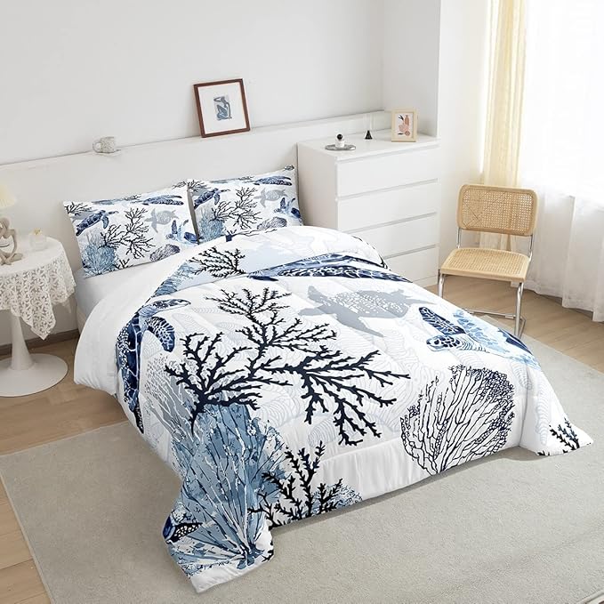 Turtle Comforter Set Full,White Blue Hawaiian Turtle Bedding for Kids,Reptile Tortoise Quilt Duvet Set Coastal Beach Theme Comforter Retro Sea Turtle Bed Set for Boys Girls Bedroom Decor(Marine life)