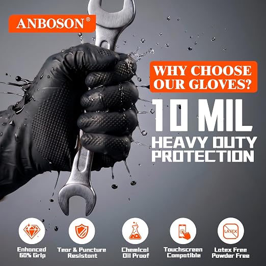 ANBOSON 10 Mil Heavy Duty Mechanic Nitrile Gloves, Black Medium 1000 Count | Diamond Grip, Latex Free Disposable Chemical Resistant Rubber Gloves for Industrial,Workshops, Auto Repair,Janitorial,Food