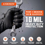 ANBOSON 10 Mil Heavy Duty Mechanic Nitrile Gloves, Large Black 100 Count | Diamond Grip,Latex Free,Chemical Resistant Disposable Thick Rubber Gloves for Auto Repair, Industrial, Food, Work ,BBQ,Men