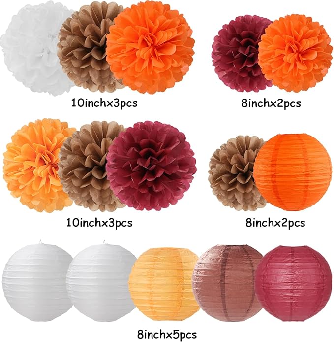 Brown Burgundy-Orange Party-Decorations Paper-Flowers Lanterns - 15PCS Fall Boho Tissue Pom Poms Streamers,Baby Bridal Shower Rustic Wedding Neutral Birthday Coffee Halloween ThanksgivingDecor Hugfond