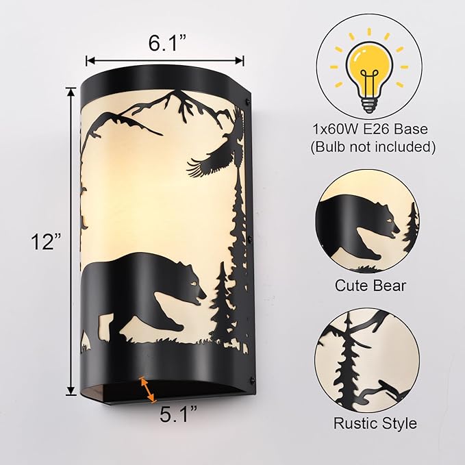 Wall Sconce Light,Bear Metal Cream Parchment Farmhouse Wall Sconces Set of Two,Rustic Black Matte Hallway Sconces Wall Lighting,Vintage Wall Mount Lamp,Wall Lights for Living Room,Bedroom