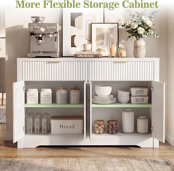 Cyclysio 55" Fluted Sideboard Buffet Cabinet with Drawers, White | Modern Accent Storage Console Table & Coffee Bar Station with Adjustable Storage Shelves for Dining Room, Kitchen, Entryway