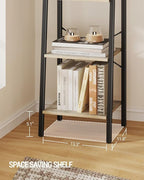 Ladder Shelf, Bookshelf Bookcase, Freestanding Corner Storage Shelve with 2 Hooks for Home Office, Living Room, Kitchen, Bedroom, Industrial, 4-Tier Greige BC13205B