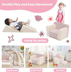 3-in-1 Toddler Chair Comfy Kids Sofa Chair,Toddler Couch Fold Out with Folding Ottomans,Foldable Baby Couch for Girls and Boys,Convertible Kids Chair Cozy to Lounger Pull Out for Playroom,Beige Pink