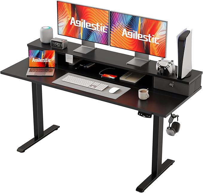 55 x 24 Inches Electric Standing Desk with 2 Storage Drawers, Stand Up Desk Adjustable Height, Sit and Stand Computer Table with Splice Board, Black