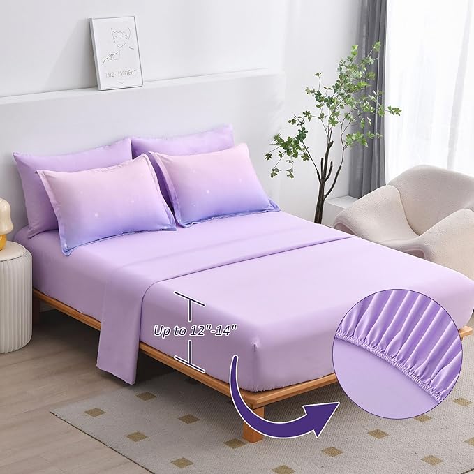 Dinjoy Girls Comforter Set King Size Rainbow Ombre Purple Lavender Pink Bedding Set Gradient 6 Pieces Bed in A Bag for Kids Teen Girl Women(1 Comforter, 1 Flat Sheet, 1 Fitted Sheet)