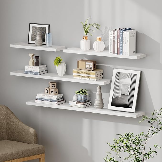 SAUMONIERES Floating Shelves 8 Inch Deep Solid Wood Wide Wall Shelf Set of 2 Wall Mounted for Bedroom Bathroom Living Room Kitchen, 36 Inch White
