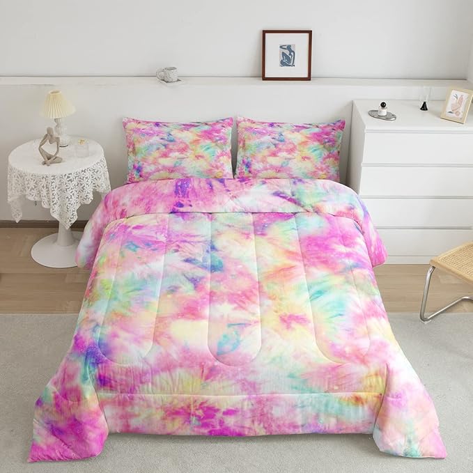 Erosebridal Kids Tie Dye Comforter Set, Bohemian Batik Down Comforter Twin Size, Boho Psychedelic Bedding Comforters for Children Girls Boys Teens Bedroom, Trippy Tattoo Watercolor Quilted Duvet
